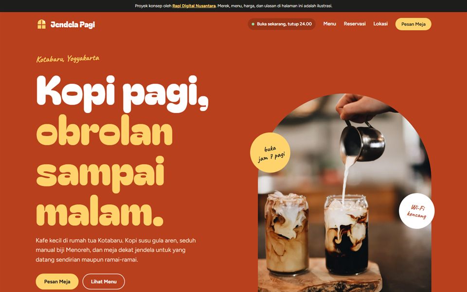 Halaman utama Jendela Pagi Kopi dengan latar oranye bata dan foto es kopi susu
