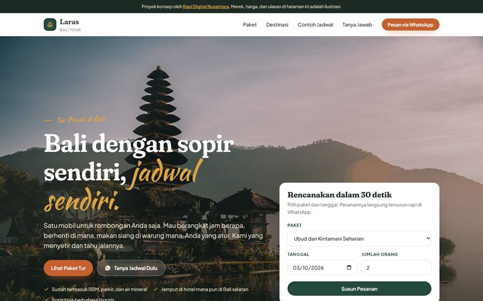 Halaman utama Laras Bali Tour dengan foto Pura Ulun Danu dan form rencana perjalanan