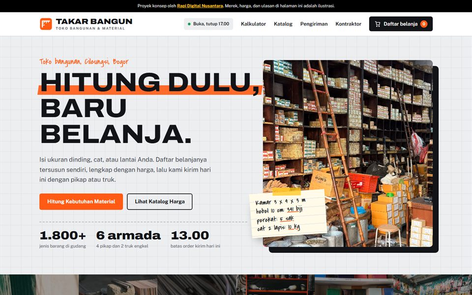 Contoh desain Takar Bangun, toko bangunan dan material