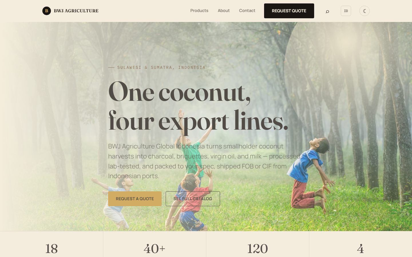 Halaman utama BWJ Agriculture Global Indonesia, situs ekspor produk turunan kelapa