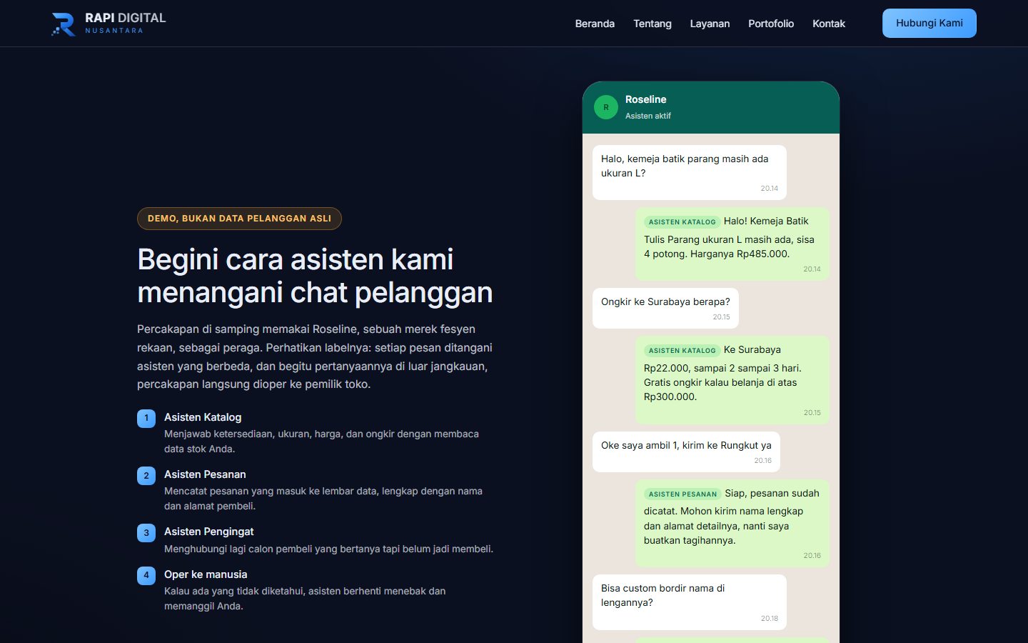 Halaman demo Asisten AI dengan percakapan WhatsApp yang ditangani beberapa asisten