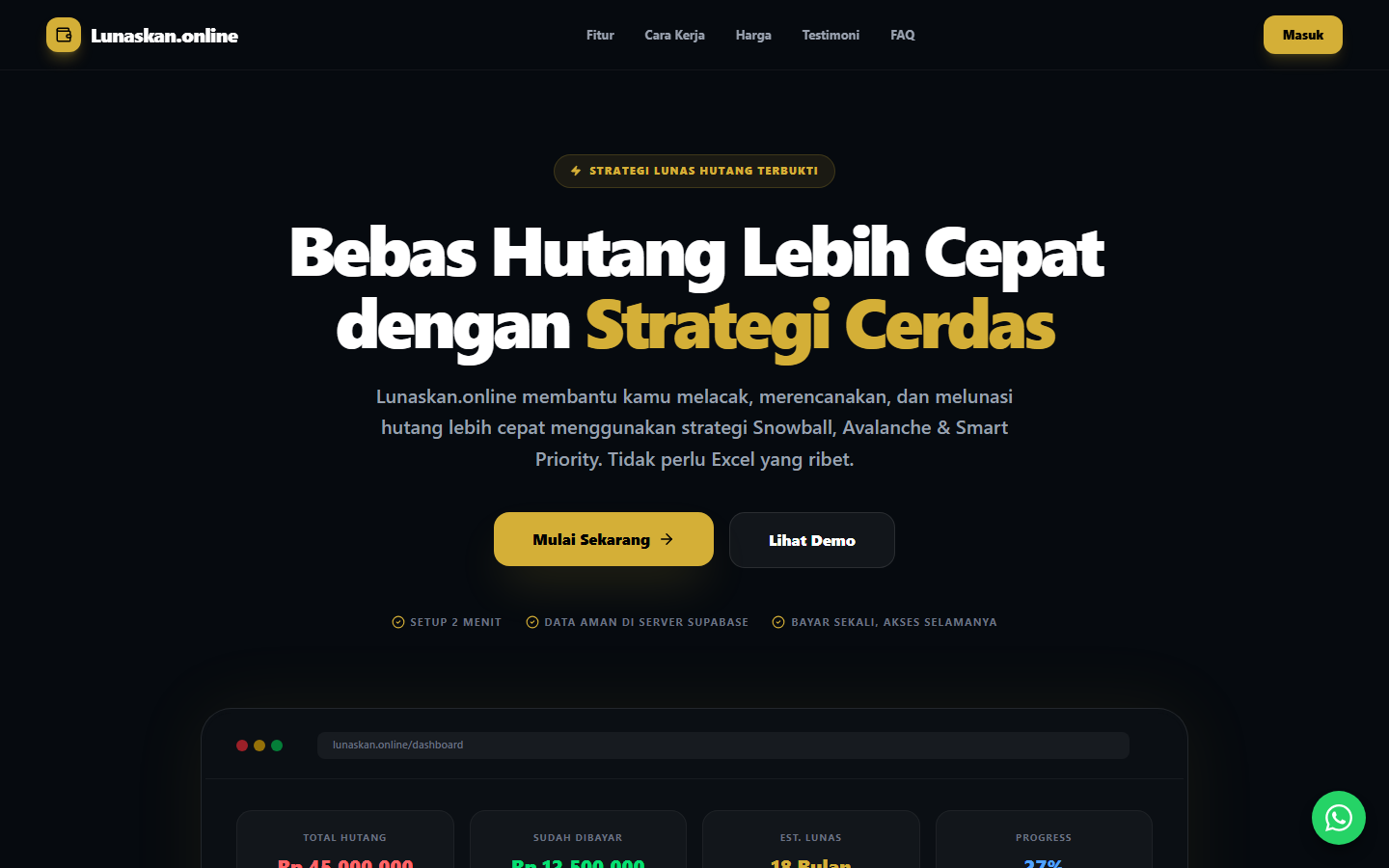 Halaman utama Lunaskan.online dengan pratinjau dashboard pelunasan hutang