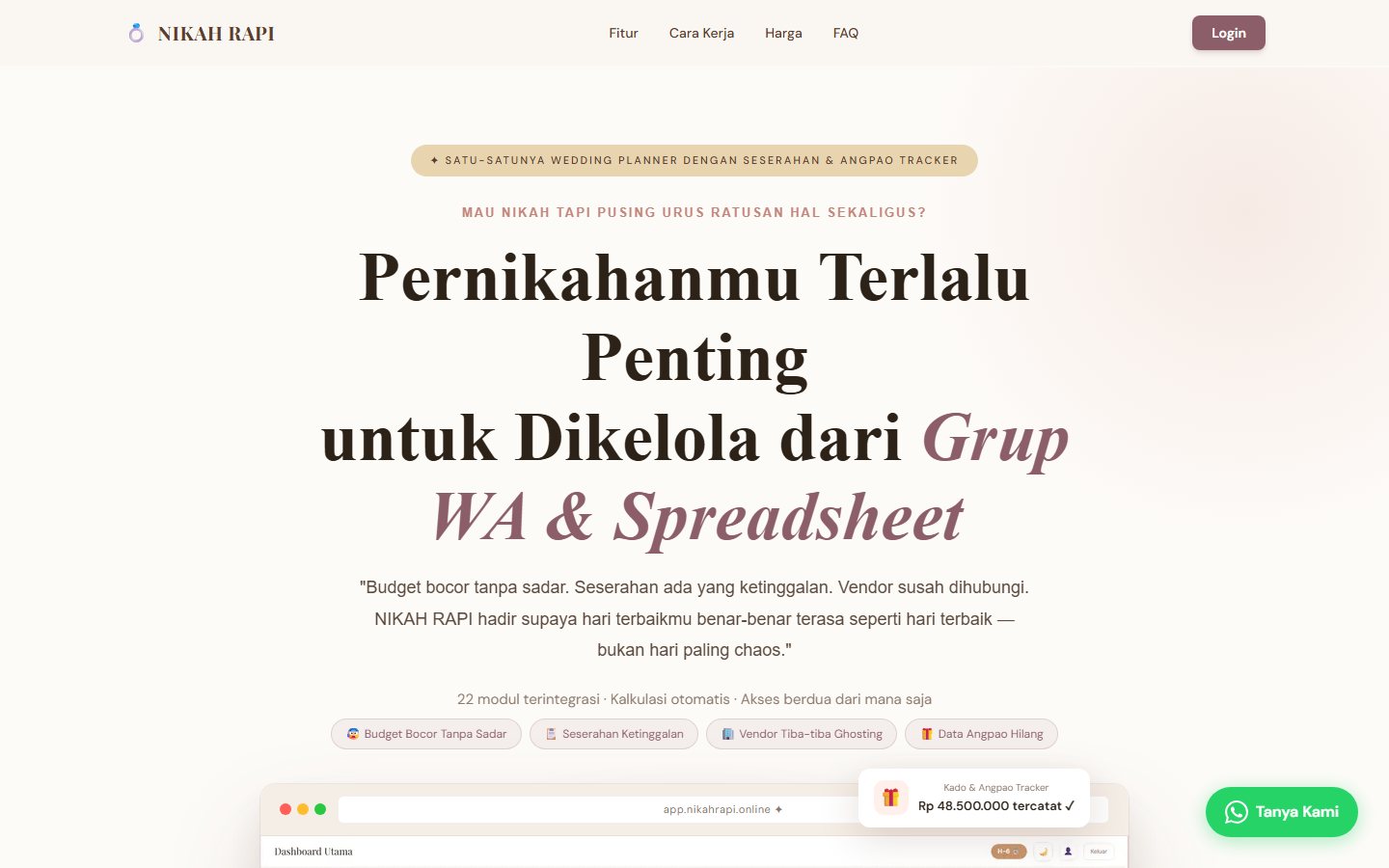 Halaman utama Nikah Rapi, wedding planner digital dengan 22 modul terintegrasi